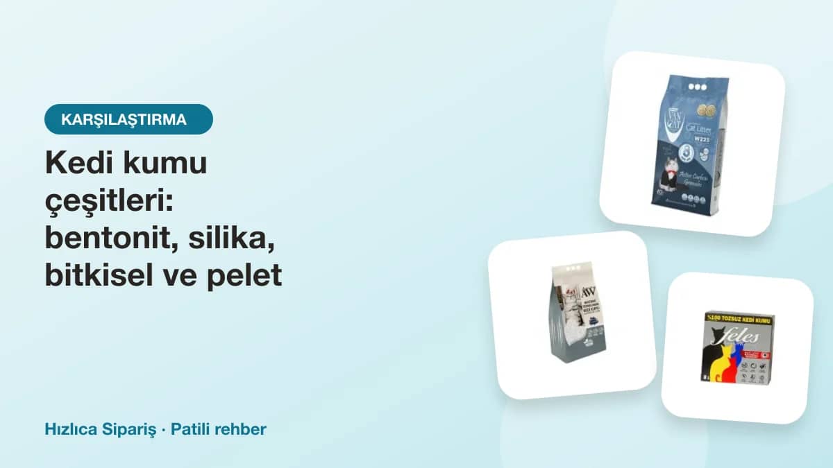 Farklı türlerde topaklanan, silika ve bitkisel kedi kumu paketlerinden oluşan ürün kolajı
