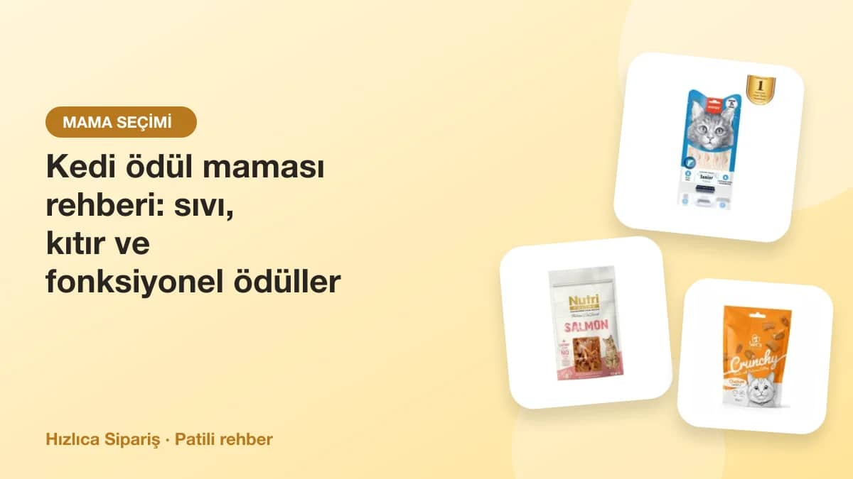 Sıvı krema kedi ödülleri, kıtır kedi ödülleri ve çubuk ödüllerden oluşan ürün kolajı