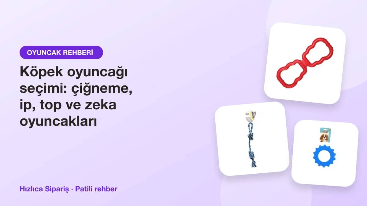 Kauçuk çiğneme oyuncakları, ip oyuncaklar, toplar ve peluş köpek oyuncaklarından oluşan ürün kolajı