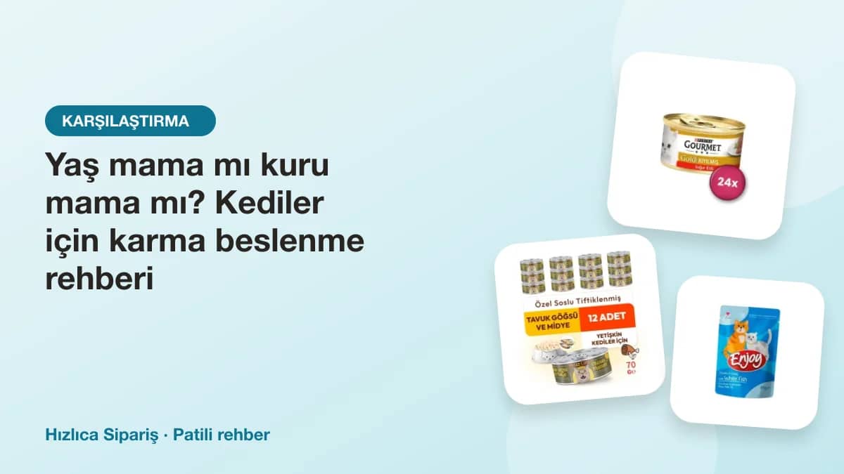 Kedi konserveleri, pouch yaş mamalar ve kuru mama paketlerinden oluşan ürün kolajı