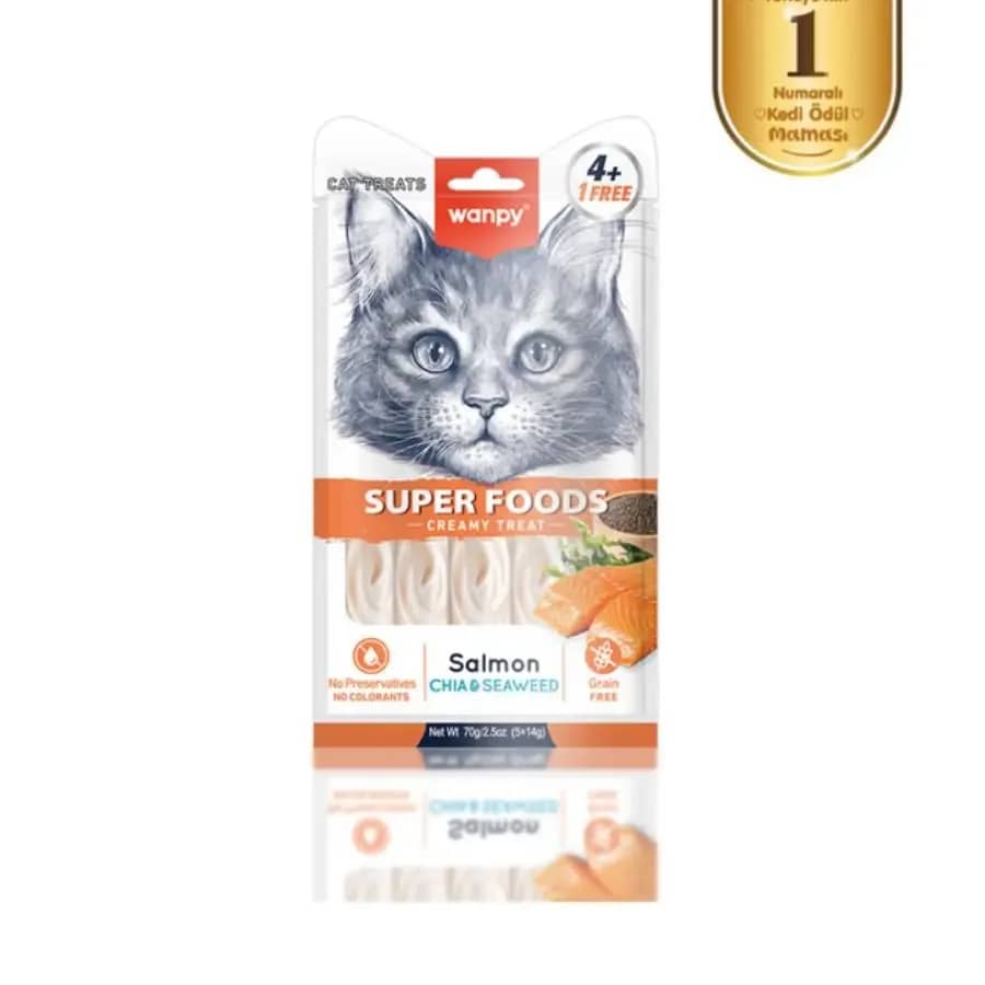Wanpy Superfood Somonlu, Chia & Deniz Yosunlu Krema Kedi Ödülü 5×14 gr