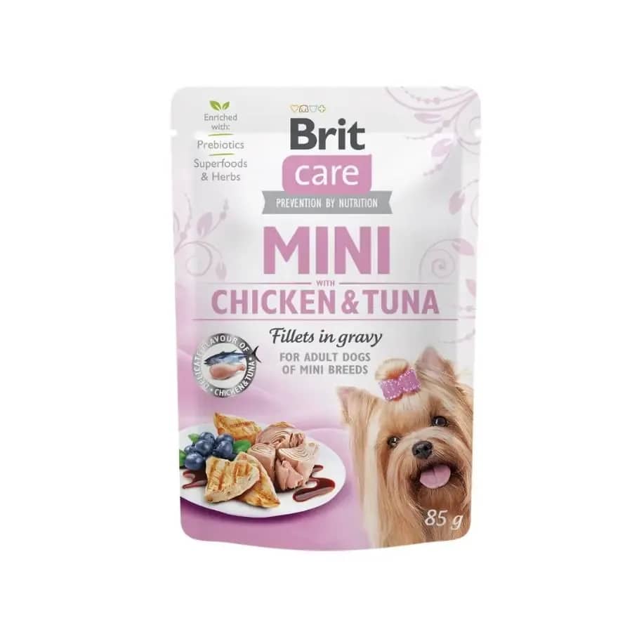 Brit Care Sos İçinde Fileto Et Parçalı Tavuk ve Ton Balıklı Mini Irk Yetişkin Köpek Konservesi 85 gr