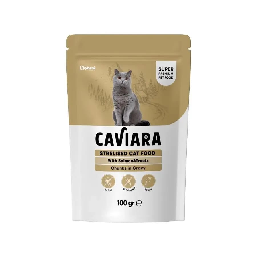 Caviara Pouch Sos İçinde Et Parçacıklı Somon ve Alabalıklı Kısırlaştırılmış Yetişkin Kedi Konservesi